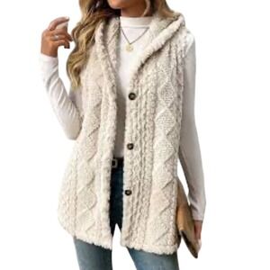 Hooded Fleece Vest Button Up Sherpa Sleeveless Cardigan Sweater Jacket